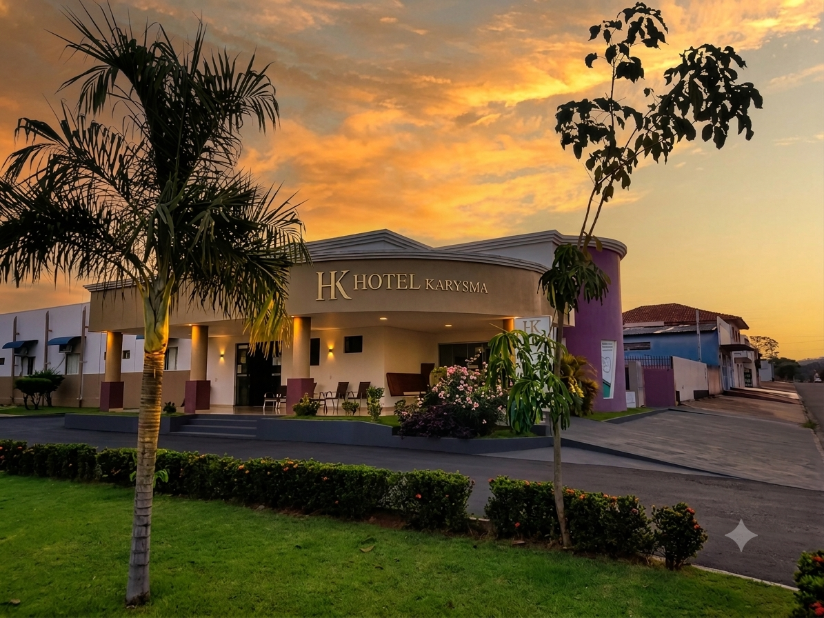 Fachada do Hotel Karysmã ao entardecer